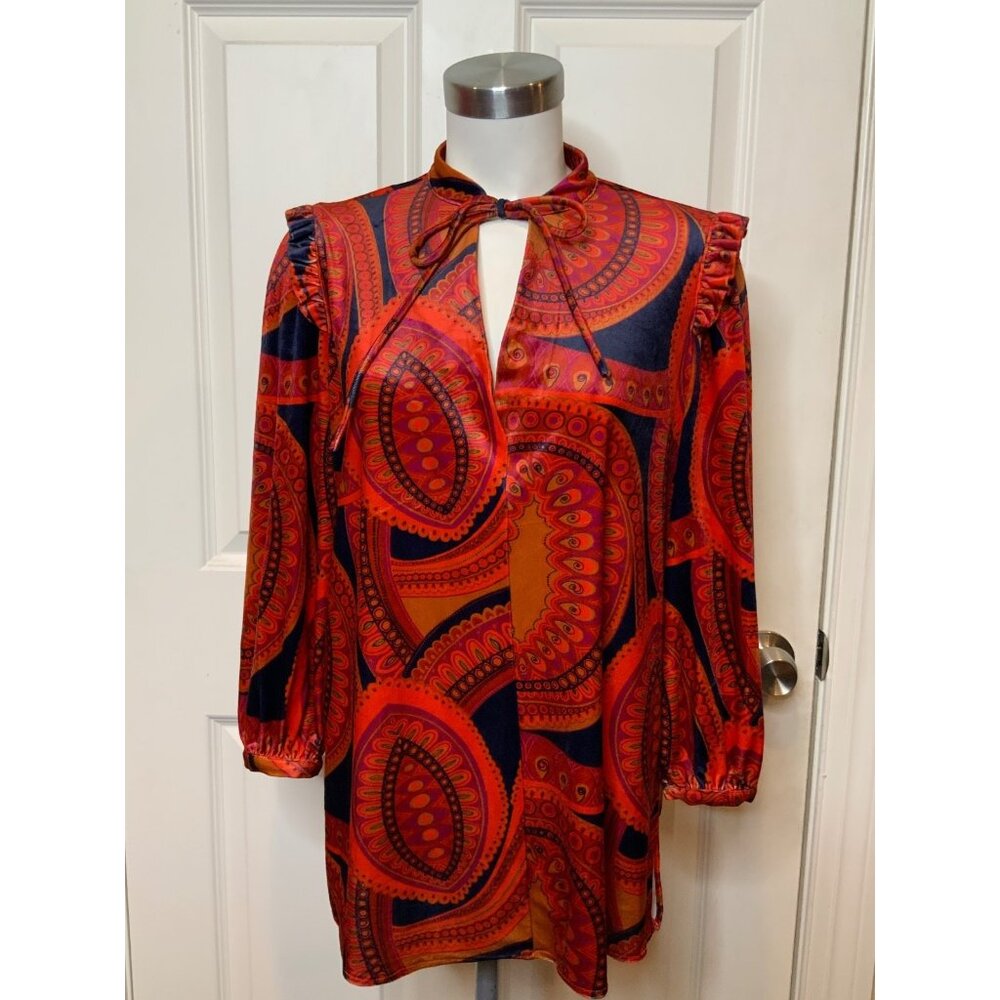 Tyler Boe Cheryl Multicolor Velvet Paisley Print Blouse Shirt W/ Neck Tie Size M